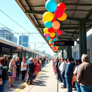 Community members celebrate the grand opening of the Phoenix light rail extension at Central and Baseline station.