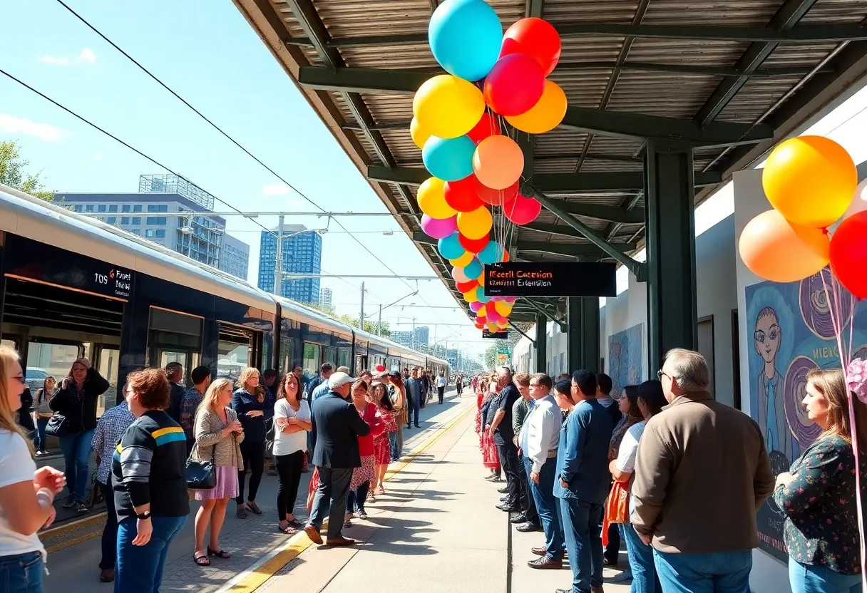 Community members celebrate the grand opening of the Phoenix light rail extension at Central and Baseline station.