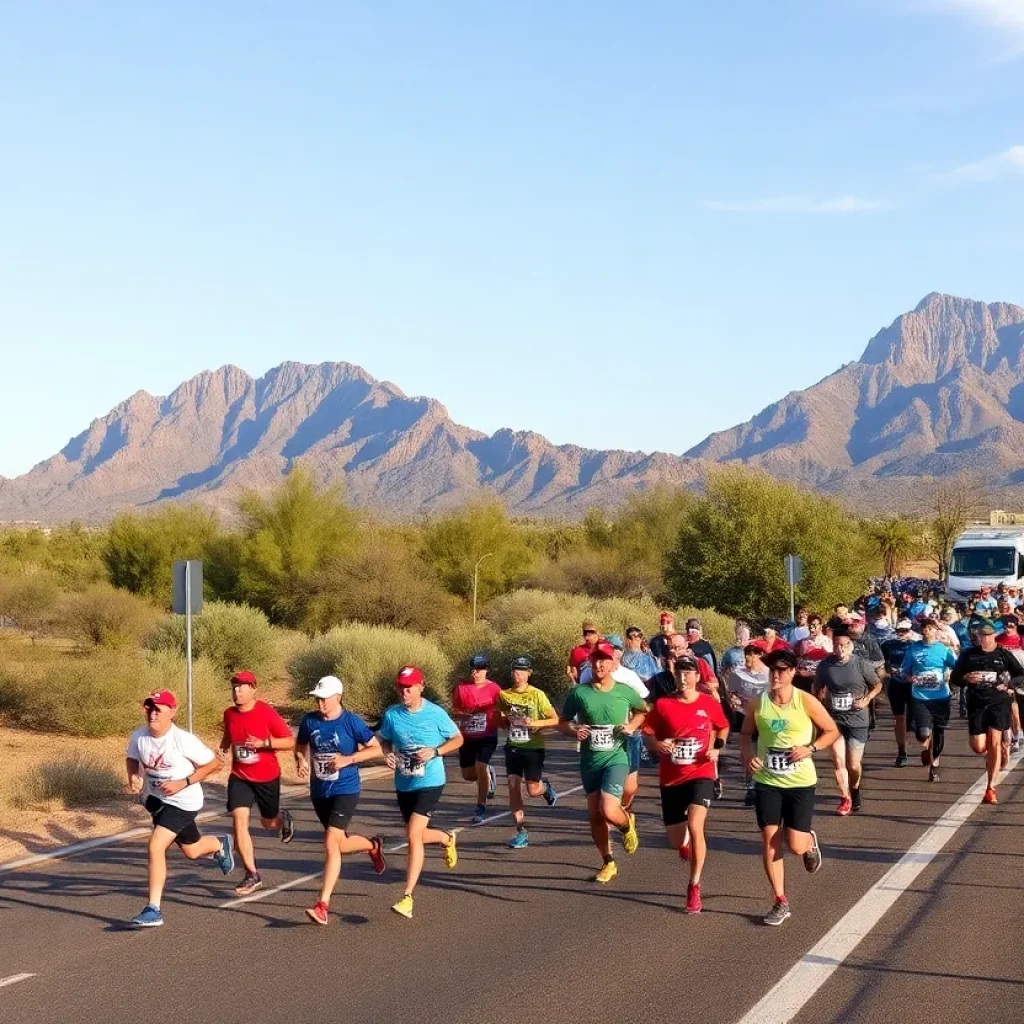 Runners participating in the Phoenix Marathon surrounded by iconic Phoenix landmarks.