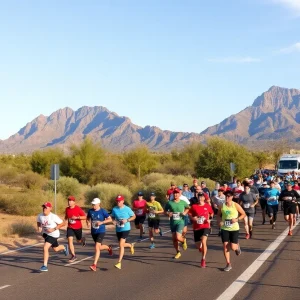 Runners participating in the Phoenix Marathon surrounded by iconic Phoenix landmarks.