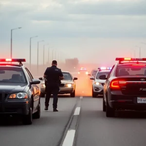 Police vehicle on a highway after a chase