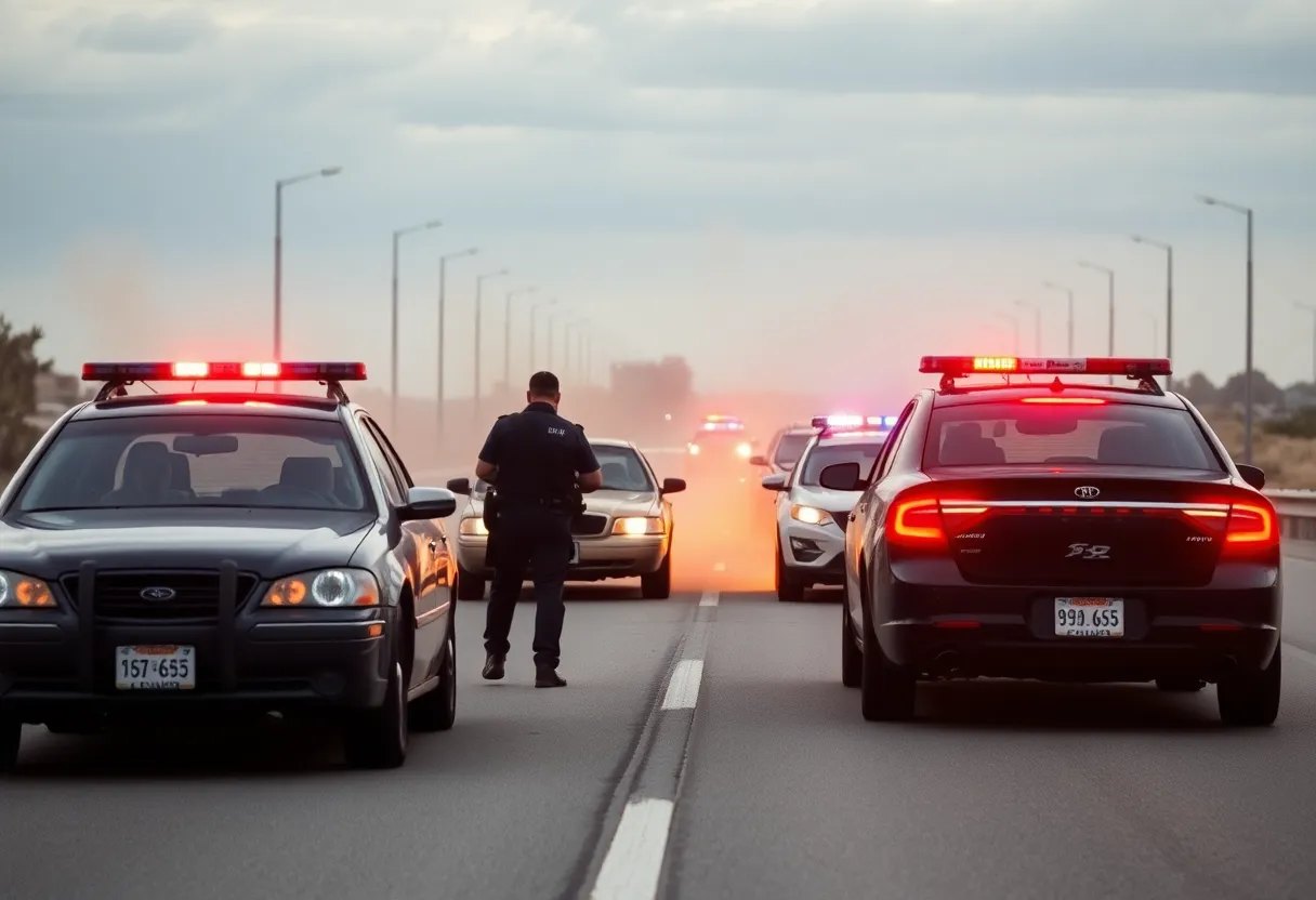 Police vehicle on a highway after a chase