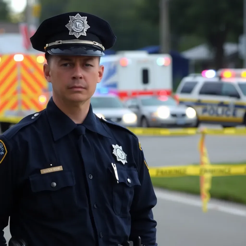 An officer at a crime scene conveying urgency and law enforcement presence