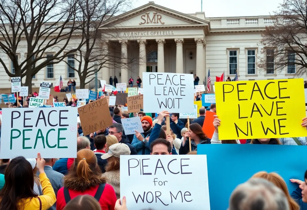 Protesters gathered at the Arizona state capitol holding signs against military action in Iran.