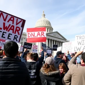 Crowd of protesters with anti-war signs at Arizona State Capitol