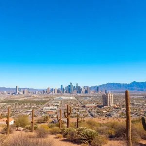 A clear day over the Phoenix skyline with desert landscape
