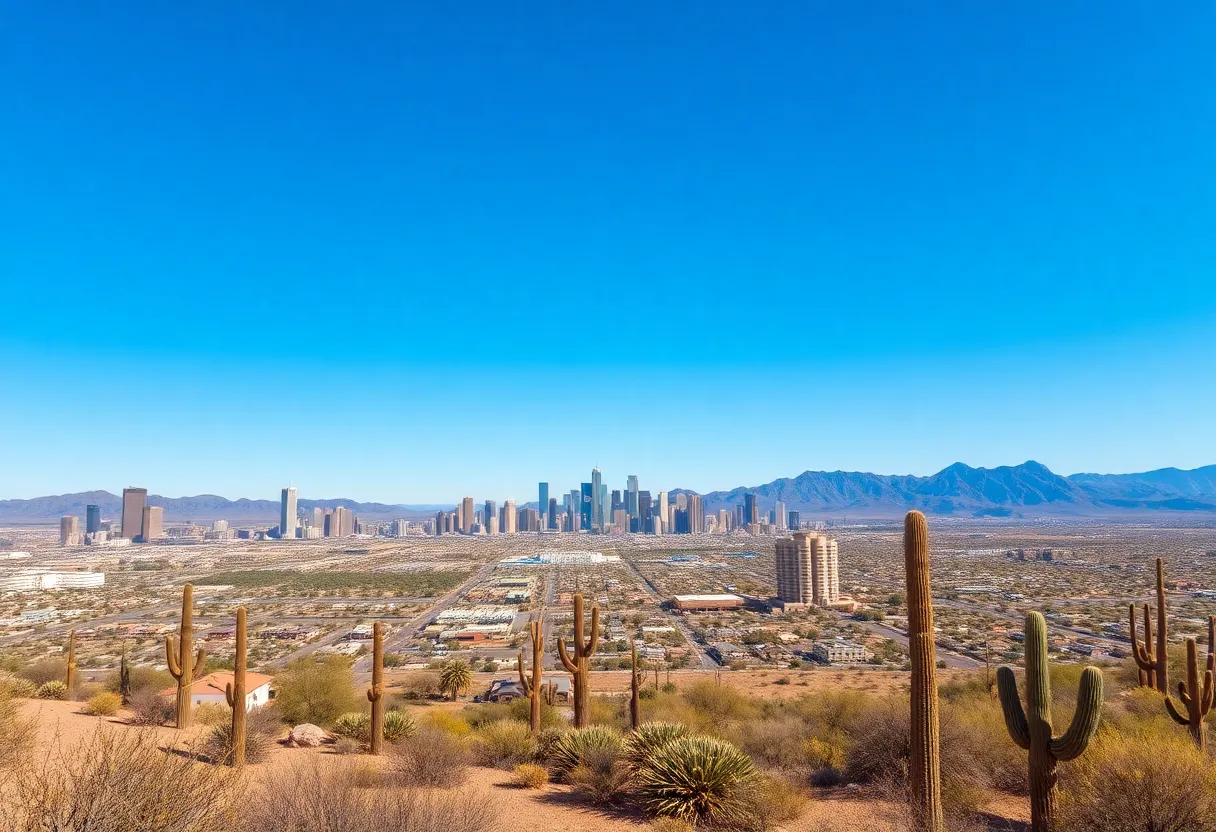 A clear day over the Phoenix skyline with desert landscape