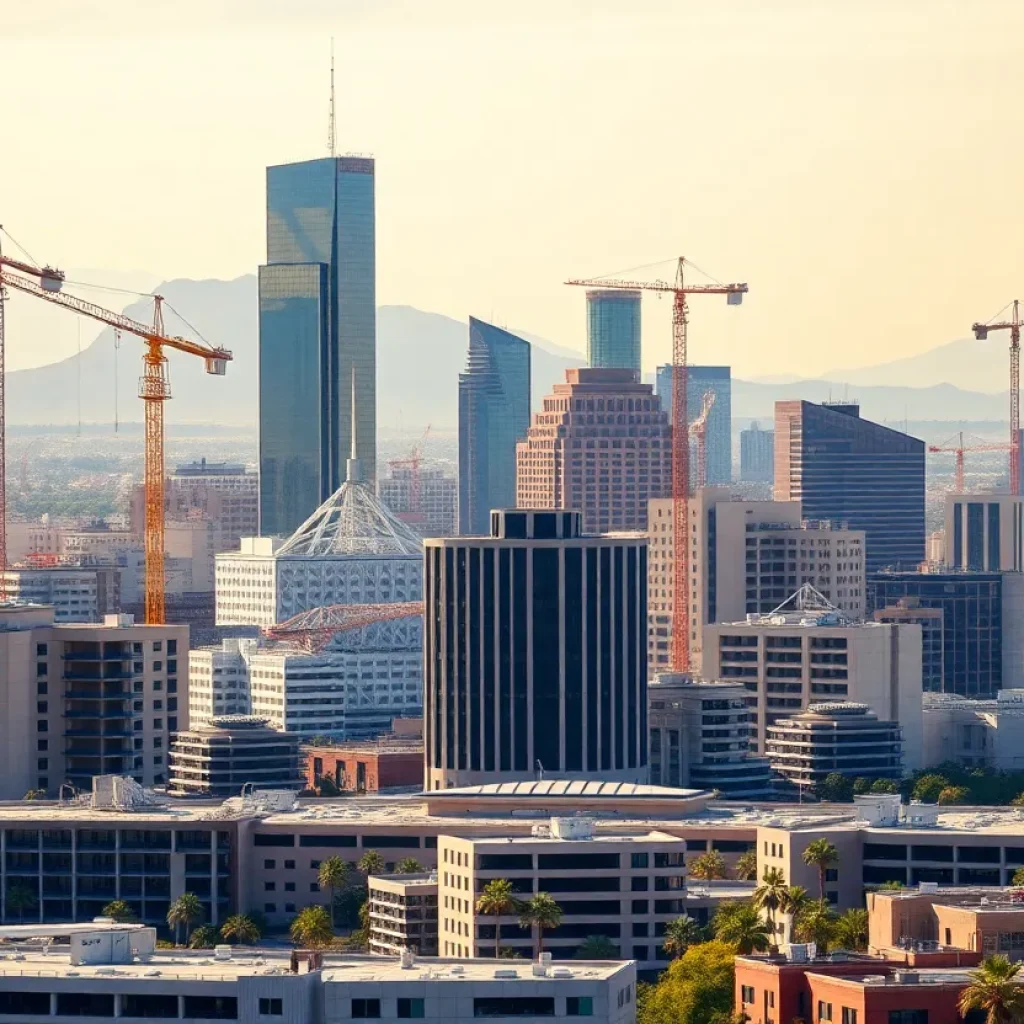 View of downtown Phoenix under construction with cranes and new buildings.