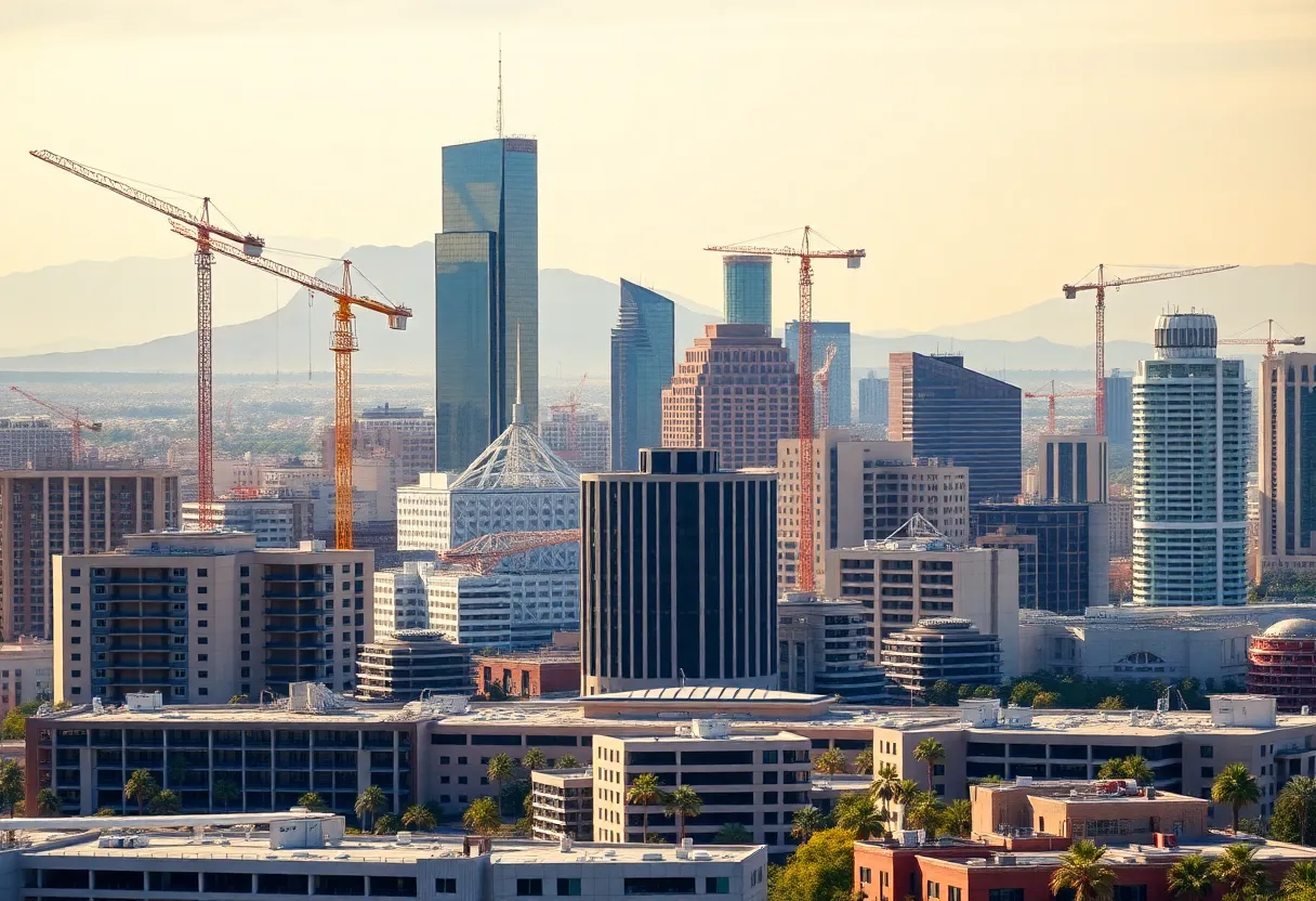 View of downtown Phoenix under construction with cranes and new buildings.