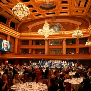 Guests enjoying the Phoenix Symphony Gala with musical performances in the background.