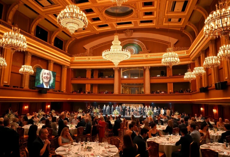 Guests enjoying the Phoenix Symphony Gala with musical performances in the background.