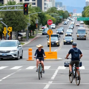 Urban intersection in Phoenix showing vehicles and bicycles, emphasizing road safety.