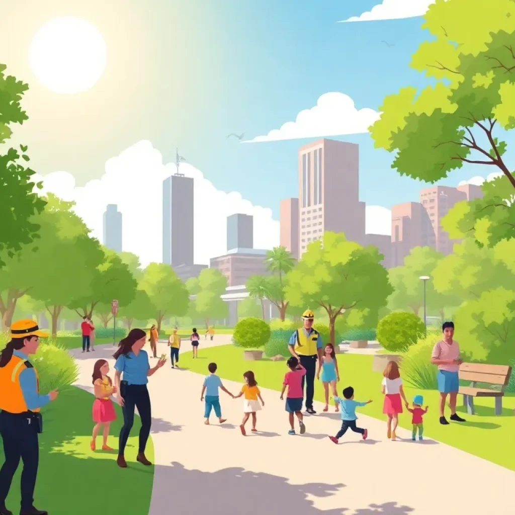 Families enjoying a vibrant urban park in Phoenix, showcasing safety measures and park rangers
