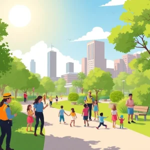 Families enjoying a vibrant urban park in Phoenix, showcasing safety measures and park rangers