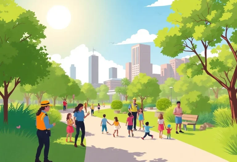 Families enjoying a vibrant urban park in Phoenix, showcasing safety measures and park rangers