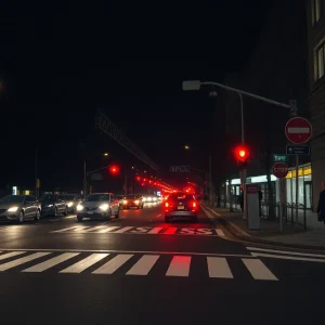 Dark urban street showcasing pedestrian safety concerns at night