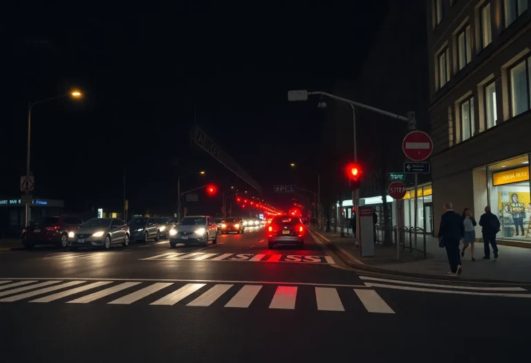 Dark urban street showcasing pedestrian safety concerns at night
