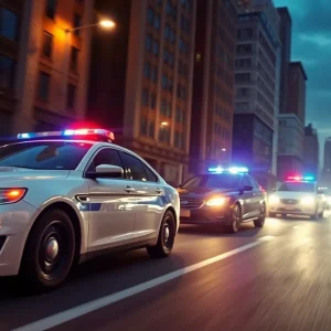Dramatic police chase in urban setting during an armed robbery incident.