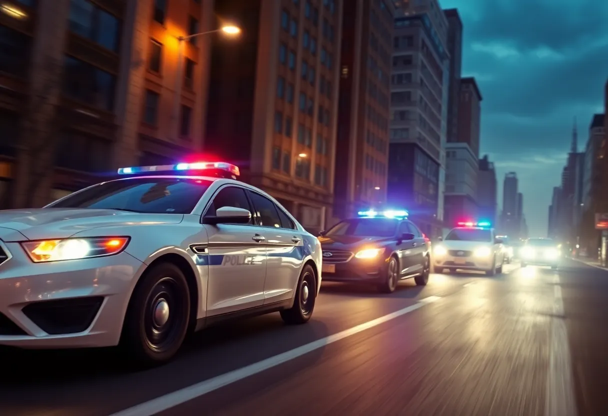 Dramatic police chase in urban setting during an armed robbery incident.