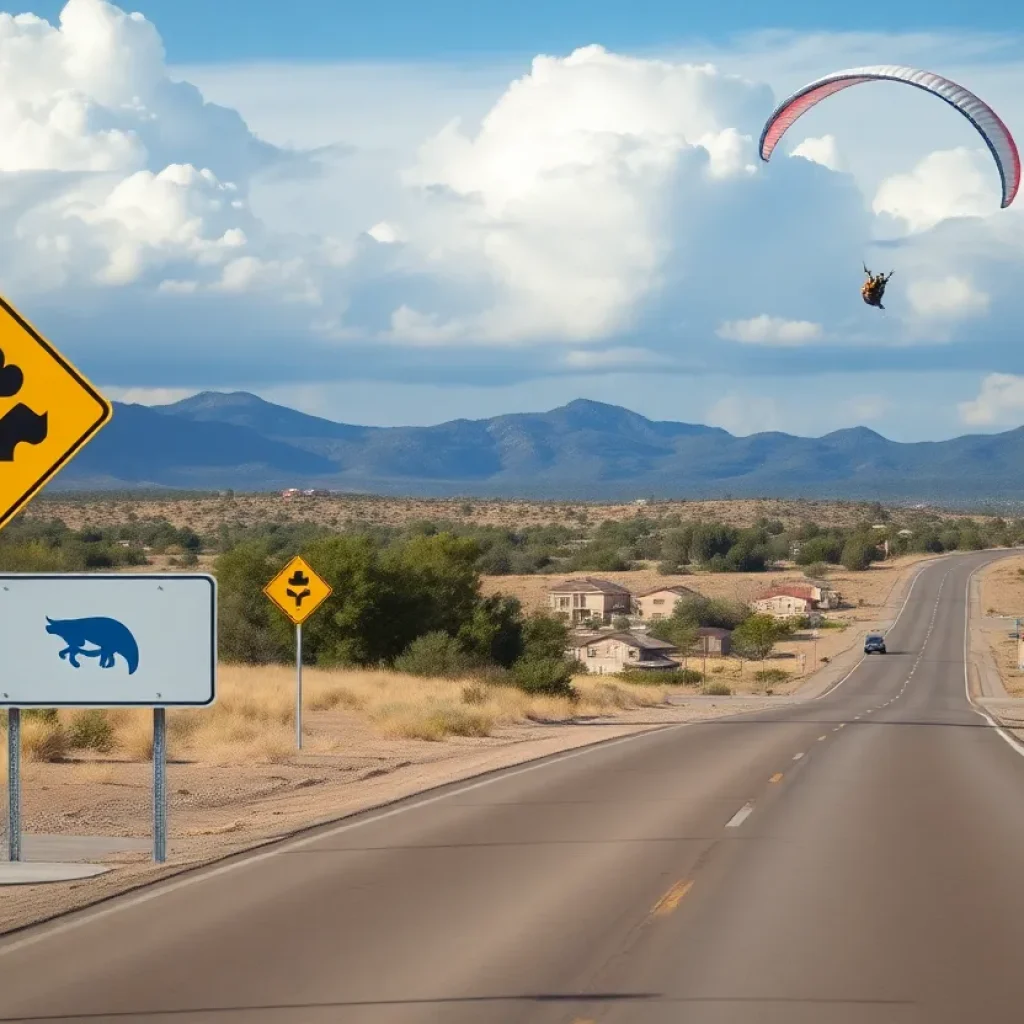 Scenic view of Prescott Valley illustrating safety concerns with signs and paragliding activities.