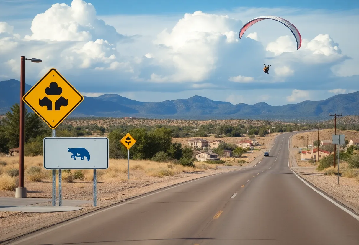Scenic view of Prescott Valley illustrating safety concerns with signs and paragliding activities.