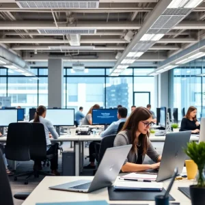 Employees working in a modern office environment