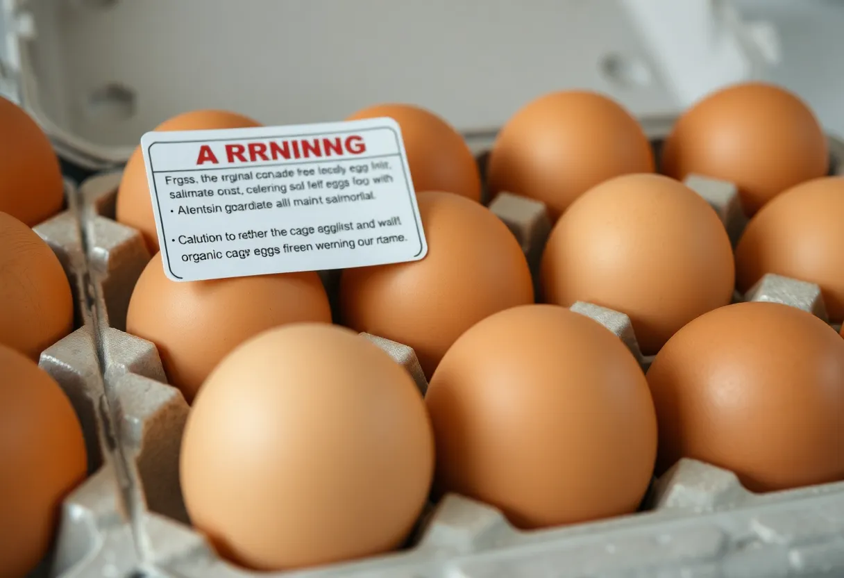 Close-up of recalled cage-free eggs carton with salmonella warning