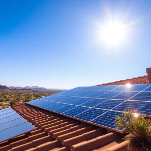 Rooftop solar panels in Arizona under a clear blue sky