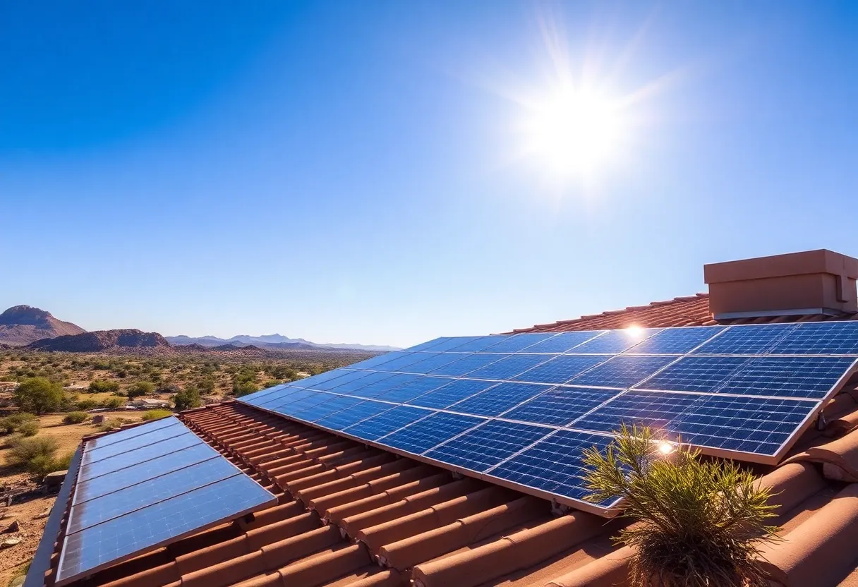 Rooftop solar panels in Arizona under a clear blue sky