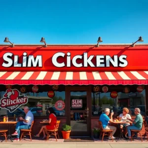 Exterior view of a Slim Chickens restaurant with patrons dining outside.