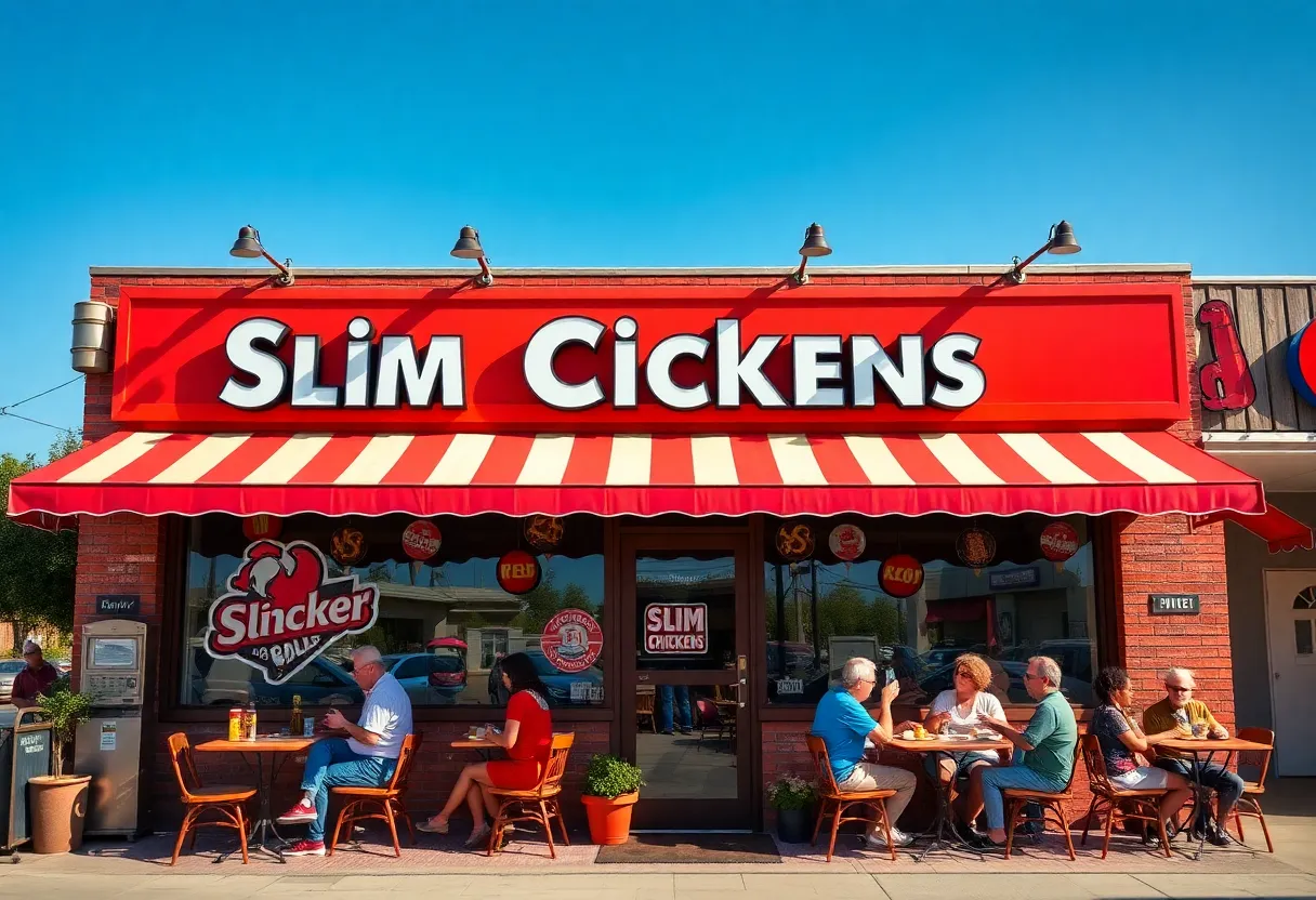 Exterior view of a Slim Chickens restaurant with patrons dining outside.