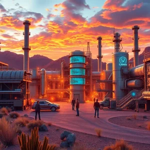 Rendering of a high-tech industrial complex in Arizona focusing on AI and robotics.