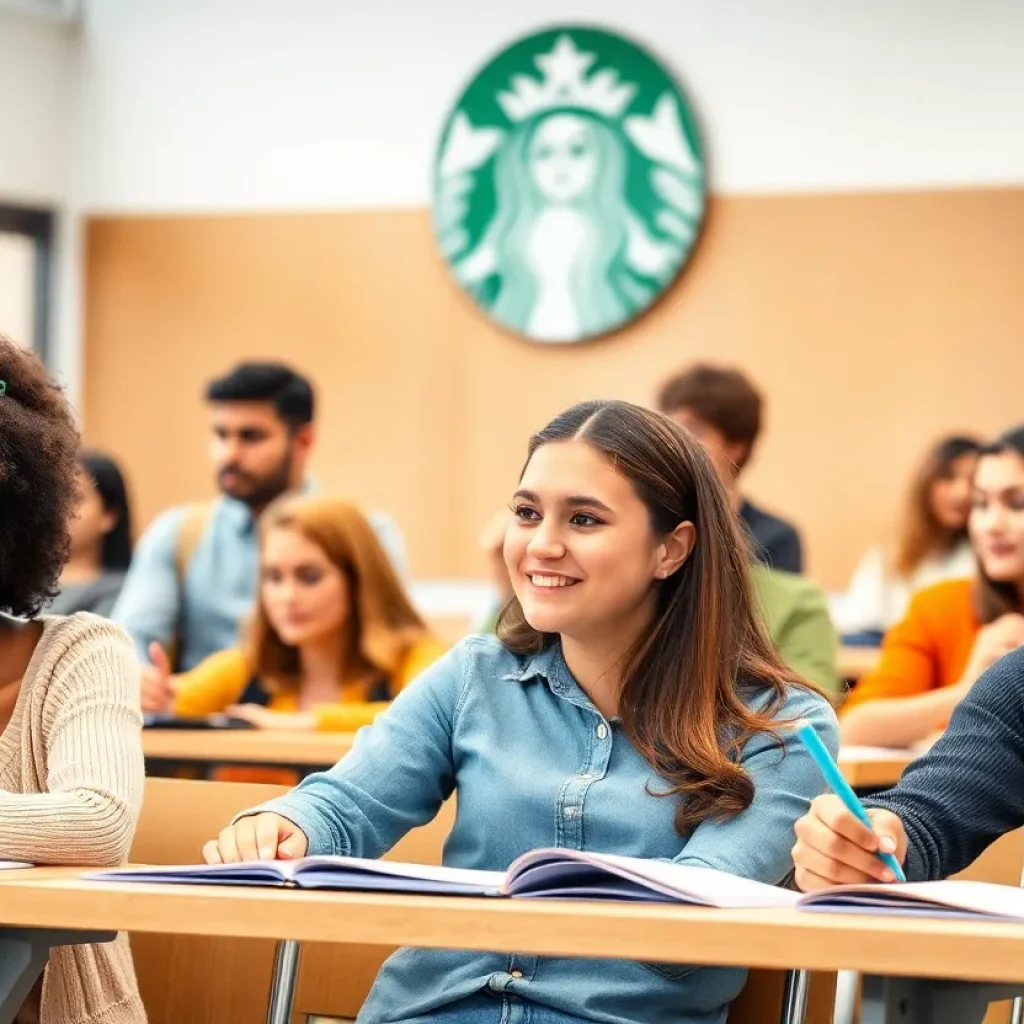 Diverse students in a classroom engaged in higher education, representing the Starbucks College Achievement Plan.