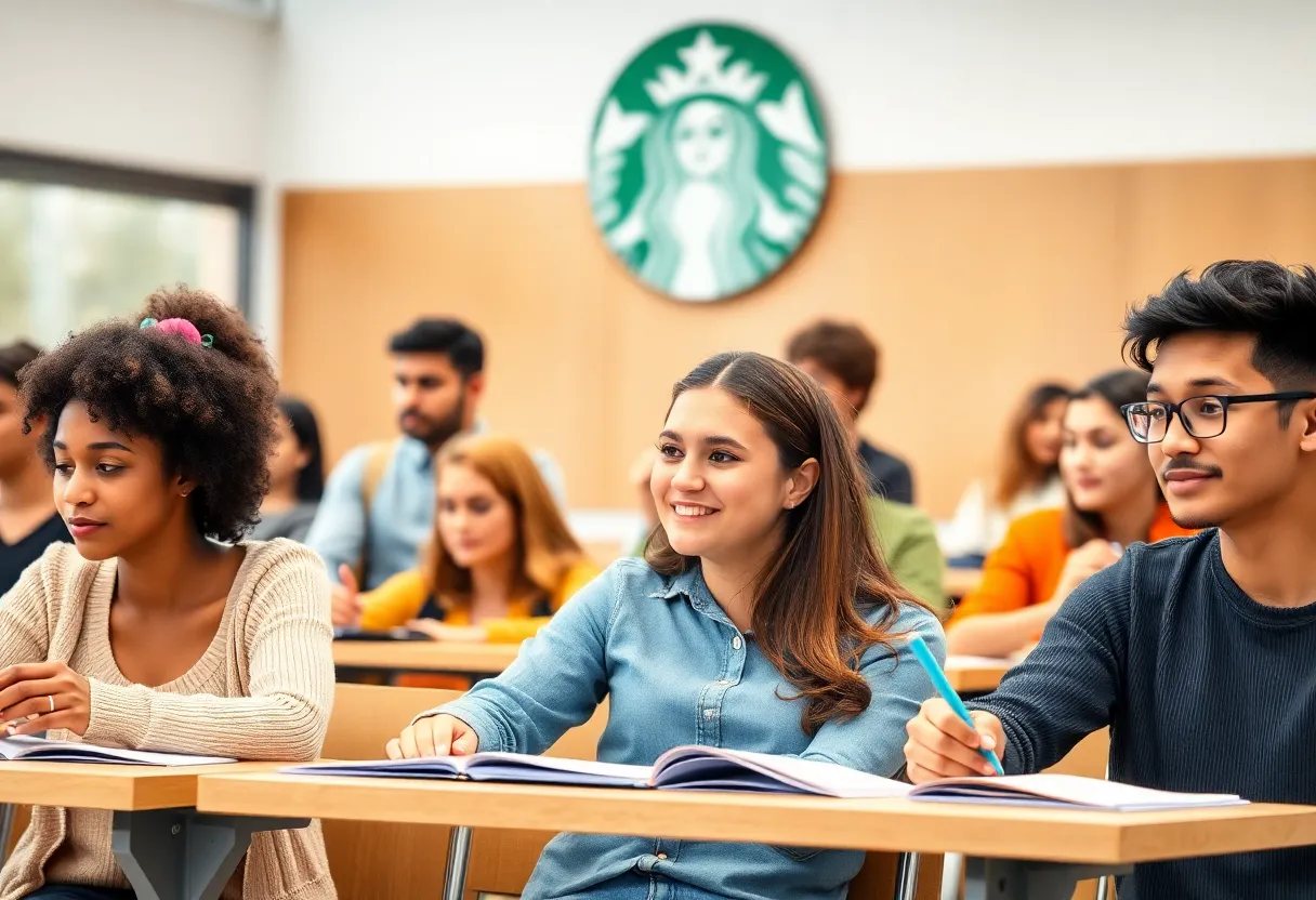 Diverse students in a classroom engaged in higher education, representing the Starbucks College Achievement Plan.