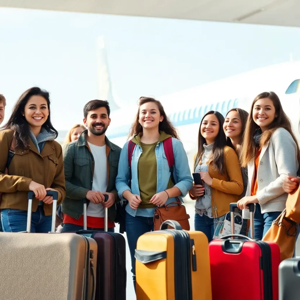 High school students preparing for civics trip at airport
