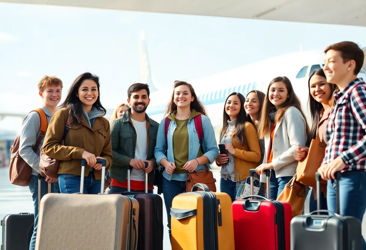 High school students preparing for civics trip at airport