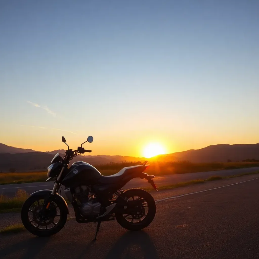 Motorcycle parked by a sunset road, symbolizing remembrance.