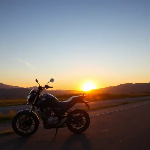 Motorcycle parked by a sunset road, symbolizing remembrance.