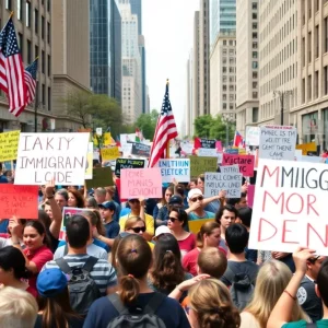 Crowd of protestors with signs opposing immigration policies in Tempe
