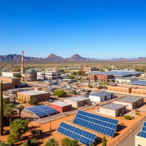 Aerial view of Tucson, Arizona with battery factory and solar panels