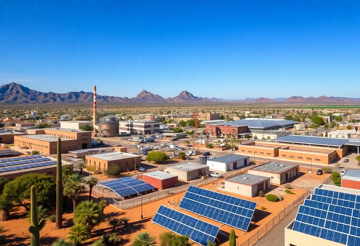 Aerial view of Tucson, Arizona with battery factory and solar panels