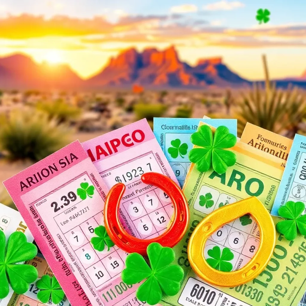 Colorful lottery tickets with symbols of luck in Arizona desert