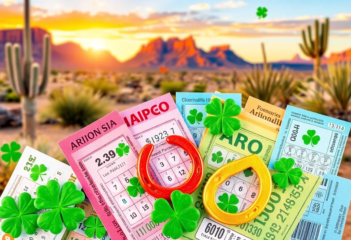 Colorful lottery tickets with symbols of luck in Arizona desert