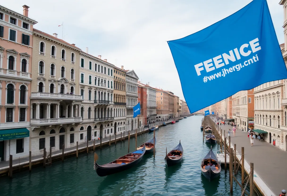 Canals of Venice with protest banners in the background.