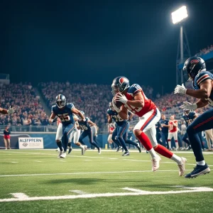 Cornerback performing defensive maneuvers on a football field