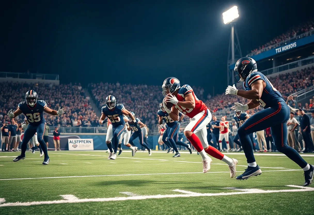Cornerback performing defensive maneuvers on a football field