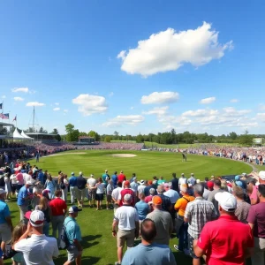 Golf fans enjoy a major tournament on a sunny day.