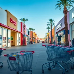 Abandoned shopping carts in a Phoenix area amidst retail stores.