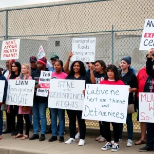 Protesters advocating for the rights of detainees outside an immigration detention center.