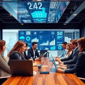 A modern workspace depicting AI technology in real estate operations